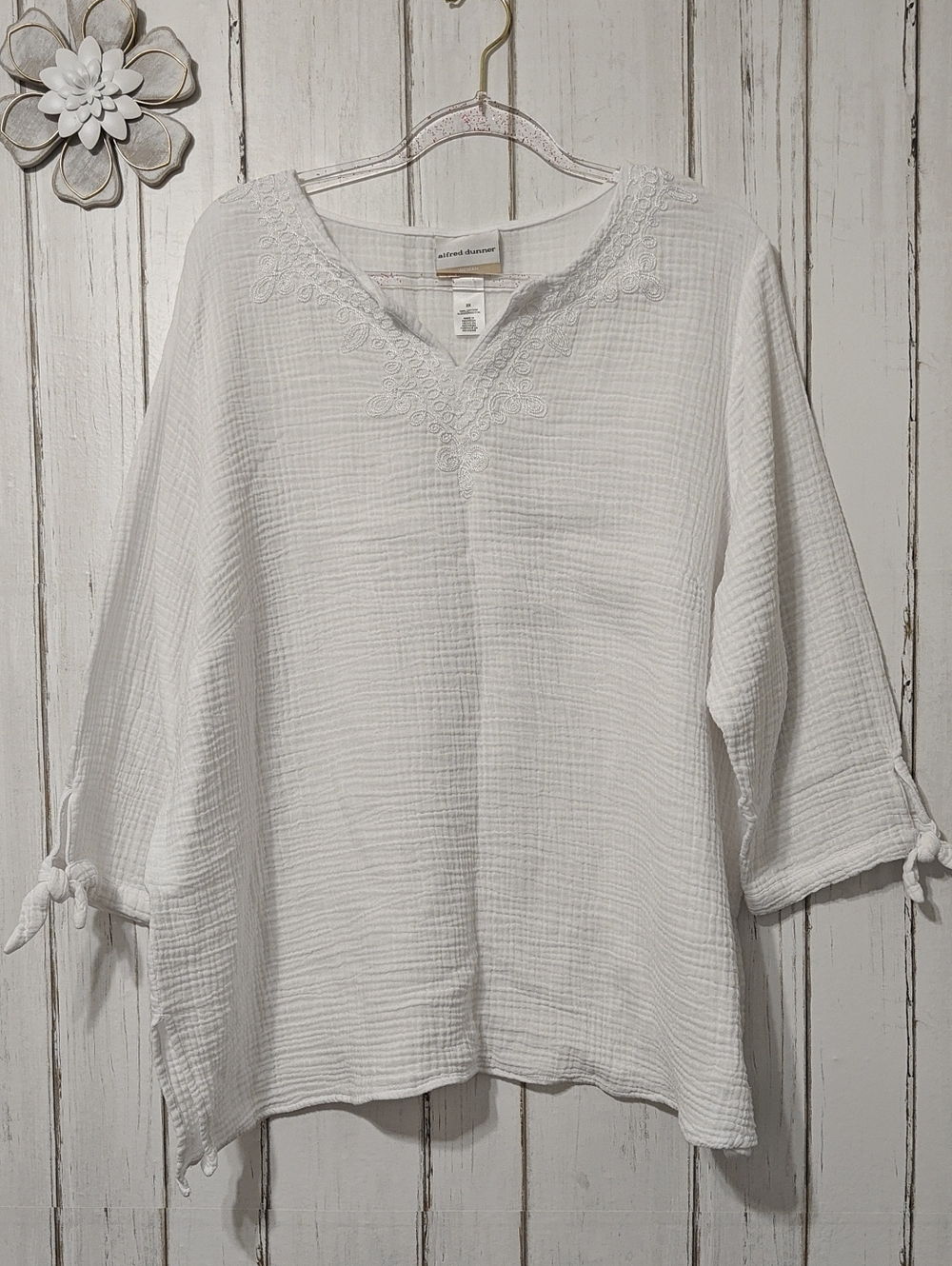 Alfred Dunner White Gauze Tunic with Embroidered V-Neck